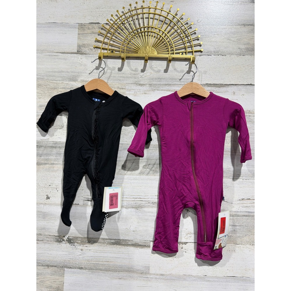 KicKee Pants Bamboo Footie Bundle Girls NB 0-3M Black Purple Ruffle Solid NWT